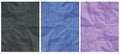 Crumpled Paper Layers. Pale Black, Navy Blue and Violet Backgrounds.