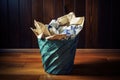 a crumpled paper plane inside an empty trash basket Royalty Free Stock Photo