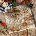 Crumpled Paper on Wooden Background with Food Ingredinets Royalty Free Stock Photo