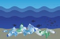 Crumpled plastic bottles at the bottom of the ocean under waves, plastic pollution concept