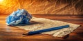 A crumpled sheet of blue paper rests beside a blank tan sheet and a dark blue pencil, symbolizing the creative process of writing Royalty Free Stock Photo