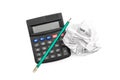 Crumpled tax form with calculator and pencil on white. Top view Royalty Free Stock Photo