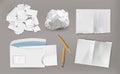 Crumpled wasted paper. Realistic torn paper sheet with ripped envelope and crinkled notes Royalty Free Stock Photo