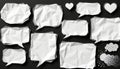 Crumpled white paper speech bubbles and heart shapes on black background with decorative cloud and star elements, creative Royalty Free Stock Photo