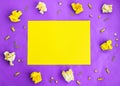 Crumpled yellow papers and office supplies in yellow on blue background with paper for your text, frame copy space Royalty Free Stock Photo