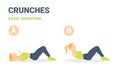 Crunch Female Home Workout Exercise Guide. Colorful Concept of Girl Working at Home on Her Abs.