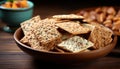 Crunchy bread stack on wooden bowl, healthy snack generated by AI Royalty Free Stock Photo