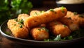 Crunchy breaded fish appetizer with fresh parsley and homemade sauce generated by AI
