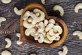 crunchy cashew nuts in a heart shaped bowl Royalty Free Stock Photo