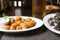 Crunchy Cheese balls, fried bread and beer in a mug. Beer snacks Royalty Free Stock Photo