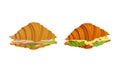 Crunchy croissants with various ingredients set. French croissant with ham, cheese, sausage, lettuce vector illustration Royalty Free Stock Photo