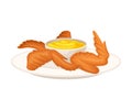 Crunchy Deep Fried Chicken Wings on Plate with Cheese Sauce Vector Illustration