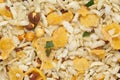 Crunchy Diet Mixture full-frame wallpaper, made with Puffed Rice, Corn Flakes, and Curry leaves.