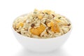 Crunchy Diet Mixture in a white ceramic bowl made with Puffed Rice Corn Flakes and Curry leaves.