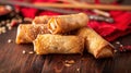 Crunchy Fried Shanghai Spring Rolls on a Red Cloth, with Chopsticks in the Background, Generative AI Royalty Free Stock Photo