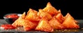 Crunchy Golden Fried Samosas with Sesame Seeds Served with Spicy Sauce on a Dark Background, Traditional Indian Snack