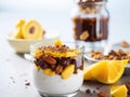 Crunchy granola with yogurt banana nuts chocolate. ai generative