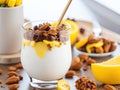 Crunchy granola with yogurt banana nuts chocolate. ai generative