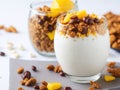 Crunchy granola with yogurt banana nuts chocolate. ai generative