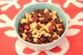 A crunchy mixture of nuts, walnuts, peanuts, raisins, almonds