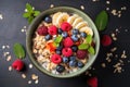 Crunchy Muesli oats fruits topview. Generate Ai Royalty Free Stock Photo