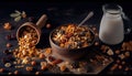 crunchy oatmeal granola with nuts, dried fruits, grains, and a glass of milk. Generative AI.