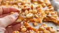 Crunchy peanut brittle close up, shattered pieces, peanuts, texture, and satisfaction showcased