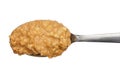 Crunchy peanut butter on metal spoon