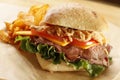 Crunchy roast beef with fried potato and lettuce