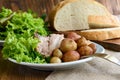 Crunchy roast Jacket Potatoes and baked pork. Royalty Free Stock Photo