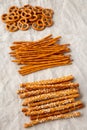 Crunchy Salty Baked Pretzel Sticks, Pretzel Rods and Pretzel Crackers, low angle view Royalty Free Stock Photo