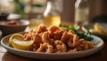 Crunchy seafood appetizer with lemon sauce on wooden plate indoors generated by AI