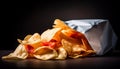 Crunchy tortilla chips with spicy guacamole, a fried appetizer meal generated by AI