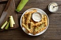 Crunchy zucchini breaded sticks with dip sauce