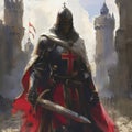 Crusader knight with a sword against the backdrop of an ancient castle Royalty Free Stock Photo