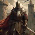 Crusader knight with a sword against the backdrop of an ancient castle Royalty Free Stock Photo