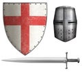 crusaders shield, helmet and sword isolated 3d illustration