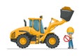 Crush hazard hazard from front loader bucket. Forbidden to be located below. Safety sign and pictogram. Prevention of work