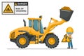 Crush hazard hazard from front loader bucket. Safety sign and pictogram. Prevention of work accidents. Security First. Industrial