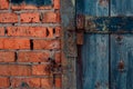 crush red brick wall texture and dark classic blue wood texture grunge background, old interior design, panorama of masonry Royalty Free Stock Photo