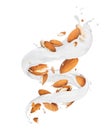 Crushed almonds in splashes of milk in the shape of a spiral on white background