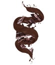 Crushed bar of dark chocolate in chocolate splashes, isolated on a white background Royalty Free Stock Photo