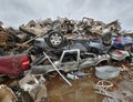 Crushed cars in a scrap metal junk yard pile Royalty Free Stock Photo