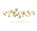 Crushed cashew nuts close-up hovered in white space