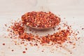 Crushed Chillies on wooden serving spoon Royalty Free Stock Photo