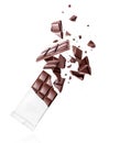 Crushed chocolate flies out from the wrapper on a white background