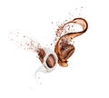 Crushed coffee beans in milk and coffee splashes isolated on white background Royalty Free Stock Photo