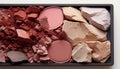 Crushed eyeshadow palette, pink color, broken, still life, beauty generated by AI