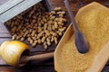 Crushed and ground peanuts in the wooden bowl forming a flour ingredient for the peanut butter and paste and Brazilian paÃÂ§oca