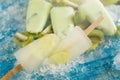 Crushed ice cubes and lemon, kiwi, homemade ice cream on vintage Royalty Free Stock Photo